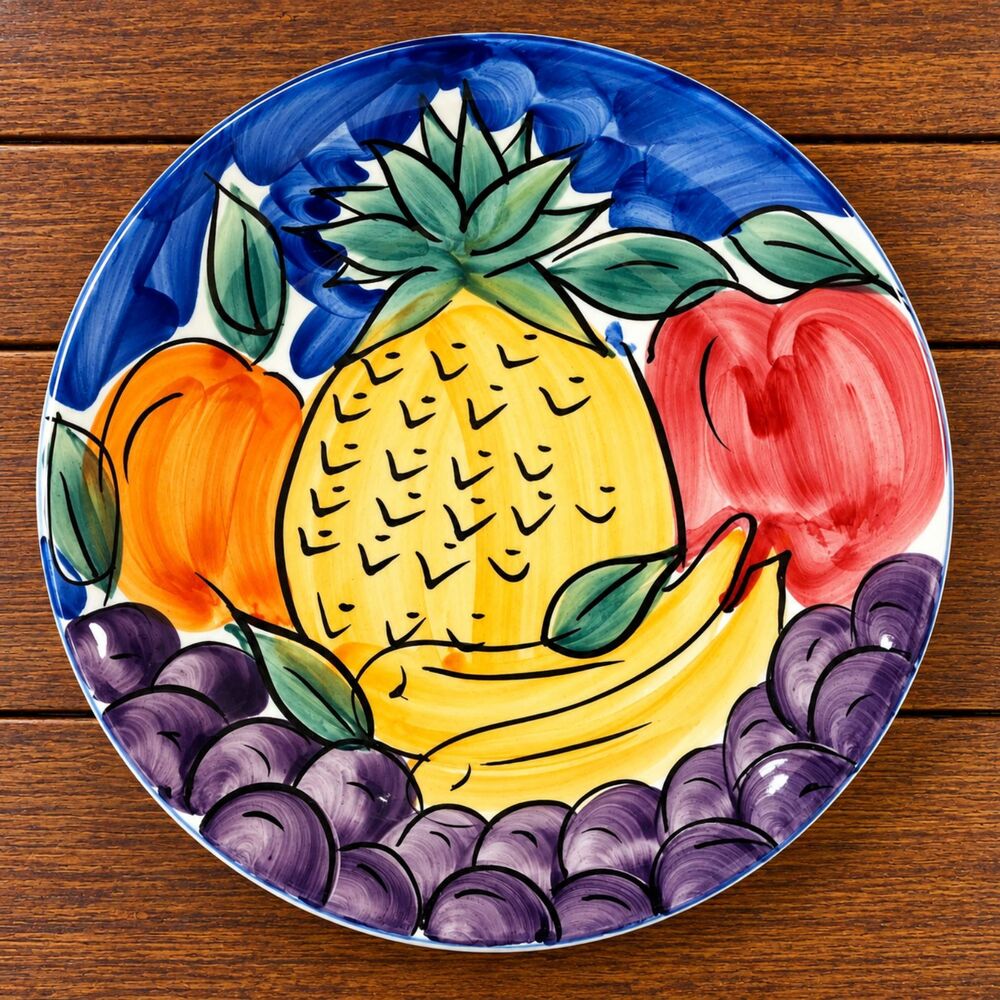 Pier 1 Italy Hand Painted Fruit Plate Pineapple Grapes Apple Earthenware 8"
